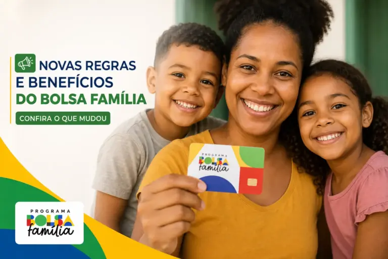 Mulher sorridente com cartão Bolsa Família e crianças felizes